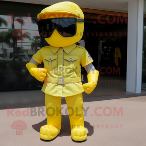 Lemon Yellow Spartan Soldier mascot costume character dressed with a Cargo Shorts and Sunglasses