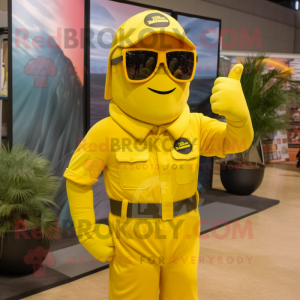 Lemon Yellow Spartan Soldier mascot costume character dressed with a Cargo Shorts and Sunglasses