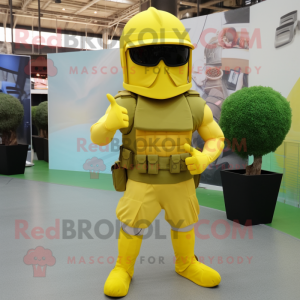 Lemon Yellow Spartan Soldier mascot costume character dressed with a Cargo Shorts and Sunglasses