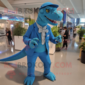 Cyan Allosaurus mascot costume character dressed with a Skinny Jeans and Tie pins