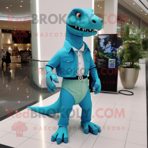 Cyan Allosaurus mascot costume character dressed with a Skinny Jeans and Tie pins