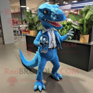 Cyan Allosaurus mascot costume character dressed with a Skinny Jeans and Tie pins