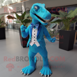 Cyan Allosaurus mascot costume character dressed with a Skinny Jeans and Tie pins