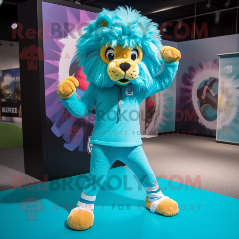 Turquoise Lion mascot costume character dressed with a Leggings and Headbands Turquoise Lion mascot costume character dressed with a Leggings and Headbands