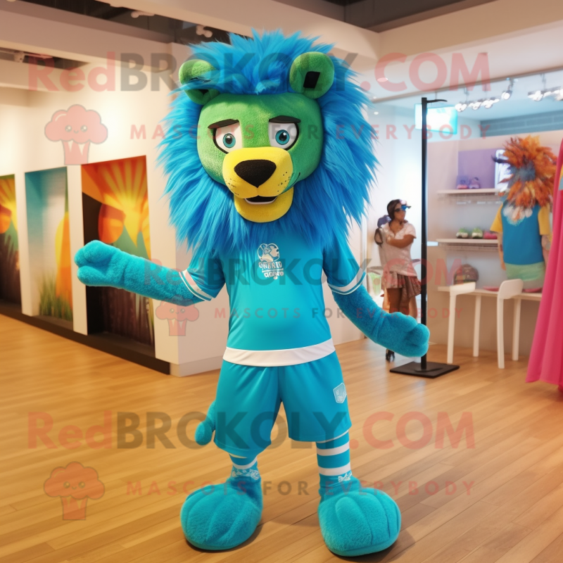 Turquoise Lion mascot costume character dressed with a Leggings and Headbands Turquoise Lion mascot costume character dressed with a Leggings and Headbands