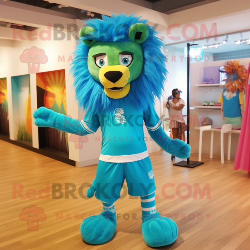 Turquoise Lion mascot costume character dressed with a Leggings and Headbands