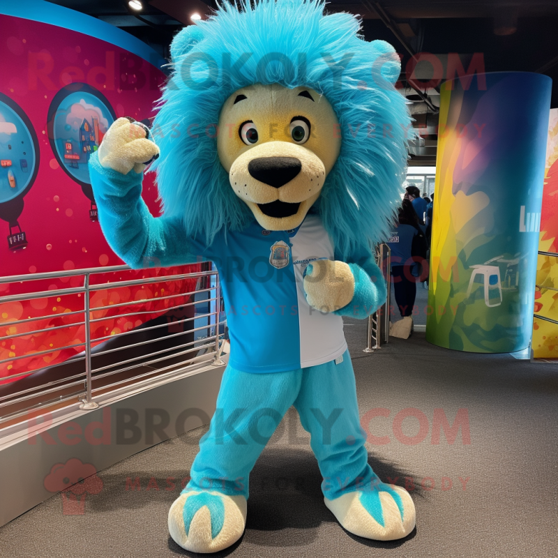 Turquoise Lion mascot costume character dressed with a Leggings and Headbands Turquoise Lion mascot costume character dressed with a Leggings and Headbands