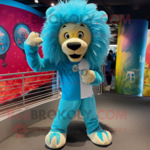 Turquoise Lion mascot costume character dressed with a Leggings and Headbands