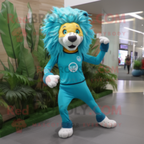 Turquoise Lion mascot costume character dressed with a Leggings and Headbands