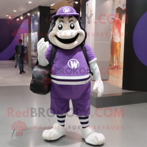 Purple Mime mascot costume character dressed with a V-Neck Tee and Messenger bags