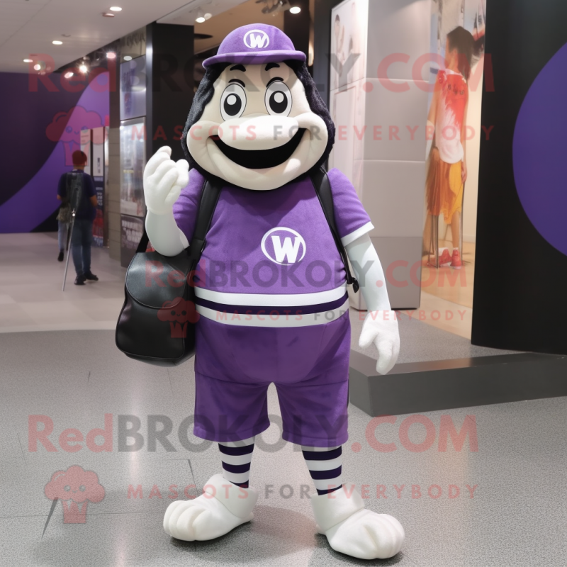 Purple Mime mascot costume character dressed with a V-Neck Tee and Messenger bags