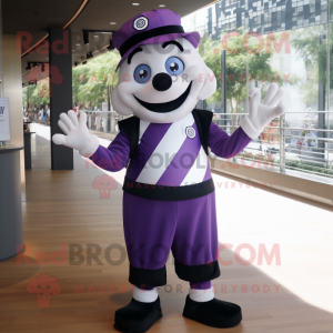 Purple Mime mascot costume character dressed with a V-Neck Tee and Messenger bags