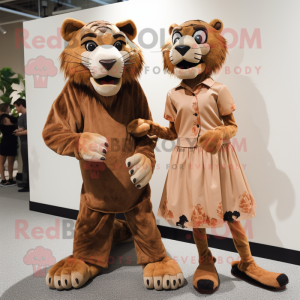 Rust Smilodon mascot costume character dressed with a Midi Dress and Ties