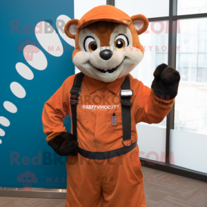 Rust Ferret mascot costume character dressed with a Jumpsuit and Beanies