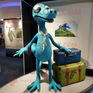 Cyan Coelophysis mascot costume character dressed with a Henley Tee and Briefcases