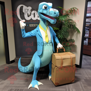 Cyan Coelophysis mascot costume character dressed with a Henley Tee and Briefcases