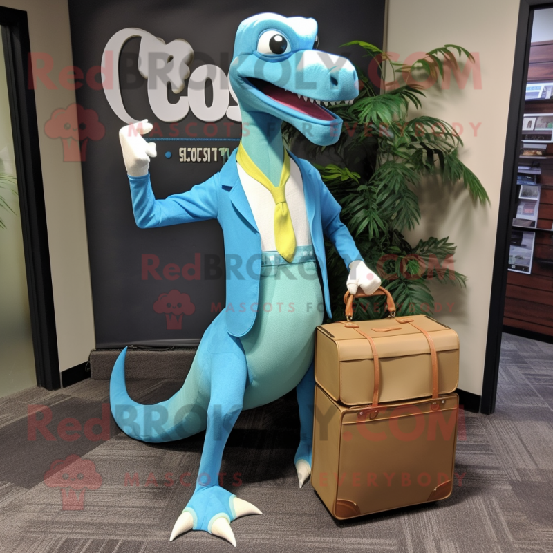 Cyan Coelophysis mascot costume character dressed with a Henley Tee and Briefcases