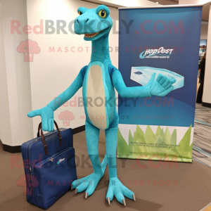Cyan Coelophysis mascot costume character dressed with a Henley Tee and Briefcases