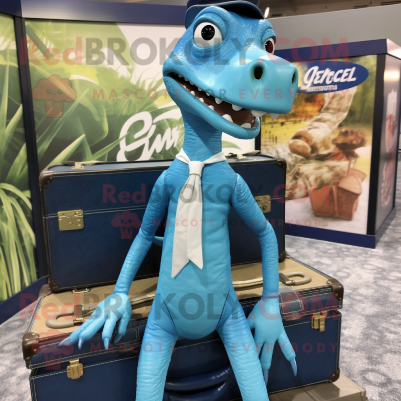 Cyan Coelophysis mascot costume character dressed with a Henley Tee and Briefcases