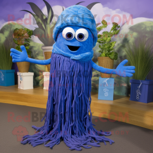 Blue Spaghetti mascot costume character dressed with a Flare Jeans and Wraps