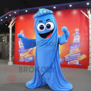 Blue Spaghetti mascot costume character dressed with a Flare Jeans and Wraps