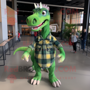 Green Parasaurolophus mascot costume character dressed with a Flannel Shirt and Hair clips