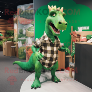 Green Parasaurolophus mascot costume character dressed with a Flannel Shirt and Hair clips