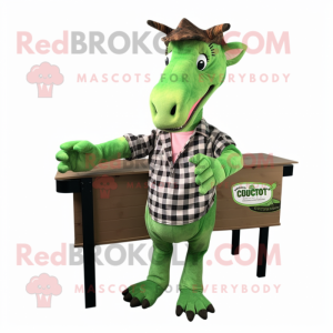 Green Parasaurolophus mascot costume character dressed with a Flannel Shirt and Hair clips