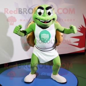 Green Turtle mascot costume character dressed with a Tank Top and Headbands