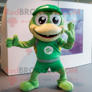 Green Turtle mascot costume character dressed with a Tank Top and Headbands