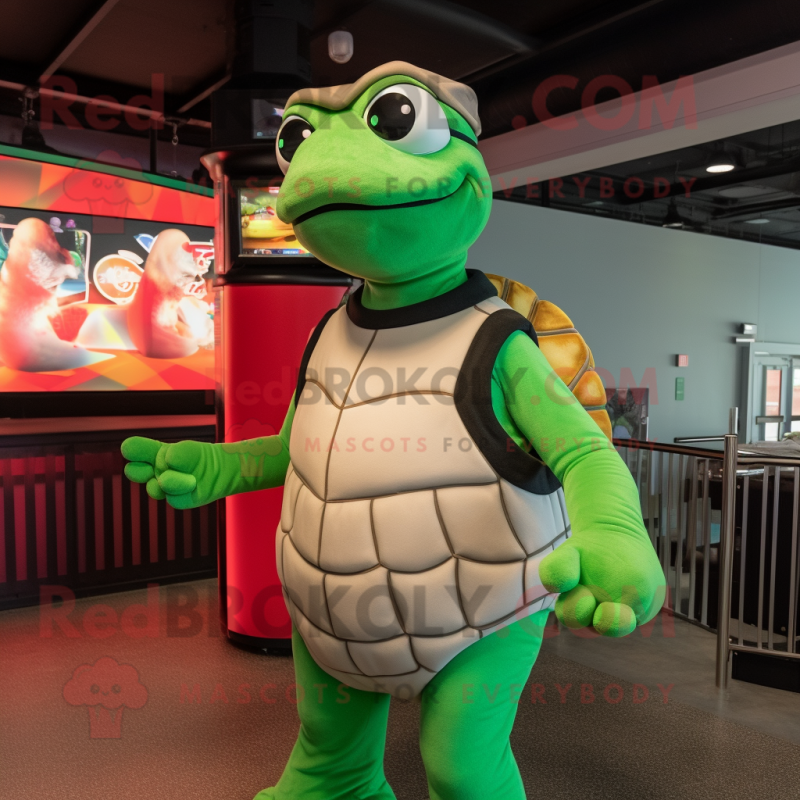 Green Turtle mascot costume character dressed with a Tank Top and Headbands