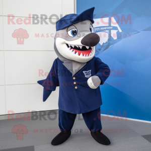 Navy Shark mascot costume character dressed with a Turtleneck and Pocket squares