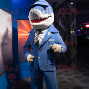 Navy Shark mascot costume character dressed with a Turtleneck and Pocket squares