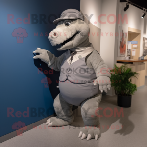 Gray Iguanodon mascot costume character dressed with a Culottes and Watches