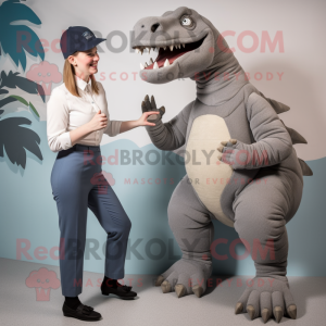 Gray Iguanodon mascot costume character dressed with a Culottes and Watches