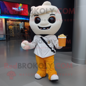 nan Pop Corn mascot costume character dressed with a Jumpsuit and Backpacks