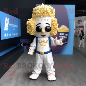nan Pop Corn mascot costume character dressed with a Jumpsuit and Backpacks