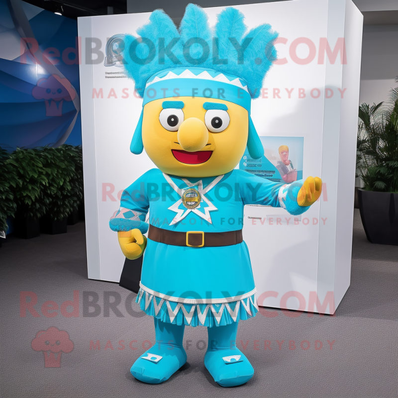 Cyan Chief mascot costume character dressed with a Pencil Skirt and Belts Cyan Chief mascot costume character dressed with a Pencil Skirt and Belts