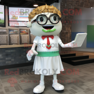 White Burgers mascot costume character dressed with a Button-Up Shirt and Reading glasses