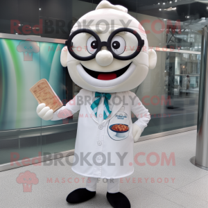 White Burgers mascot costume character dressed with a Button-Up Shirt and Reading glasses