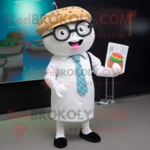 White Burgers mascot costume character dressed with a Button-Up Shirt and Reading glasses