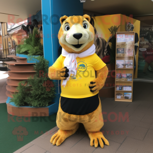 Yellow Marmot mascot costume character dressed with a Rugby Shirt and Scarf clips