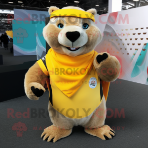 Yellow Marmot mascot costume character dressed with a Rugby Shirt and Scarf clips