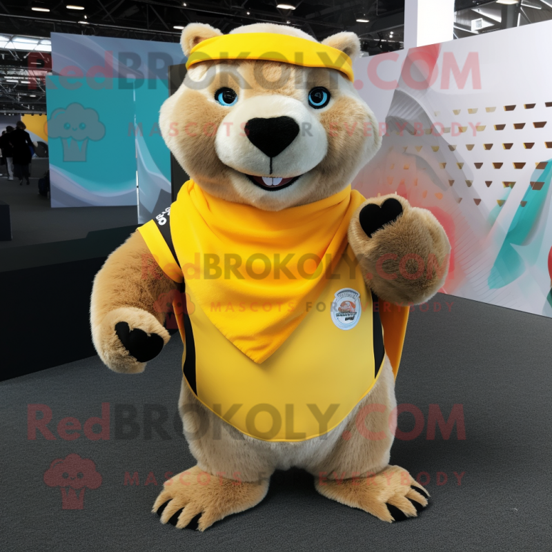 Yellow Marmot mascot costume character dressed with a Rugby Shirt and Scarf clips Yellow Marmot mascot costume character dressed with a Rugby Shirt and Scarf clips
