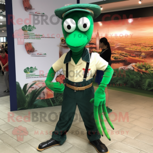 Forest Green Shrimp Scampi mascot costume character dressed with a Culottes and Belts