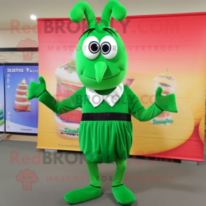 Forest Green Shrimp Scampi mascot costume character dressed with a Culottes and Belts