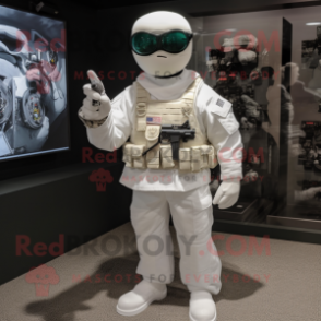 White Marine Recon mascot costume character dressed with a V-Neck Tee and Earrings