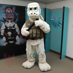 White Marine Recon mascot costume character dressed with a V-Neck Tee and Earrings