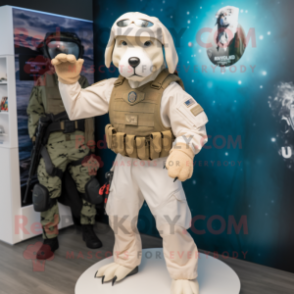 White Marine Recon mascot costume character dressed with a V-Neck Tee and Earrings