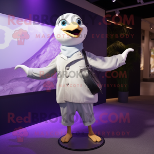 Lavender Gull mascot costume character dressed with a Leather Jacket and Clutch bags